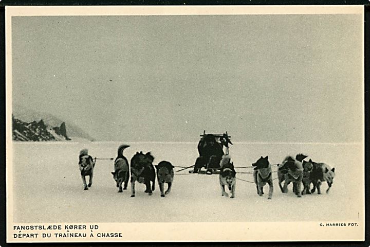 Grønland, Fangstslæde kærer ud. Foto C. Harries. Egmont H. Petersen / KGH u/no. Dansk/fransk tekst.