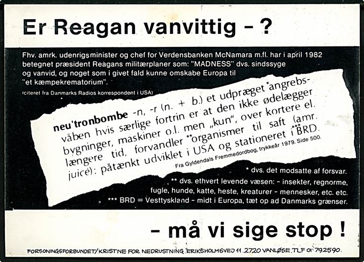 Er Reagan vanvittig - ?. Politisk kort fra Forsoningsforbundet / Kristne for nedrustning. Sendt som tryksag i 1982.