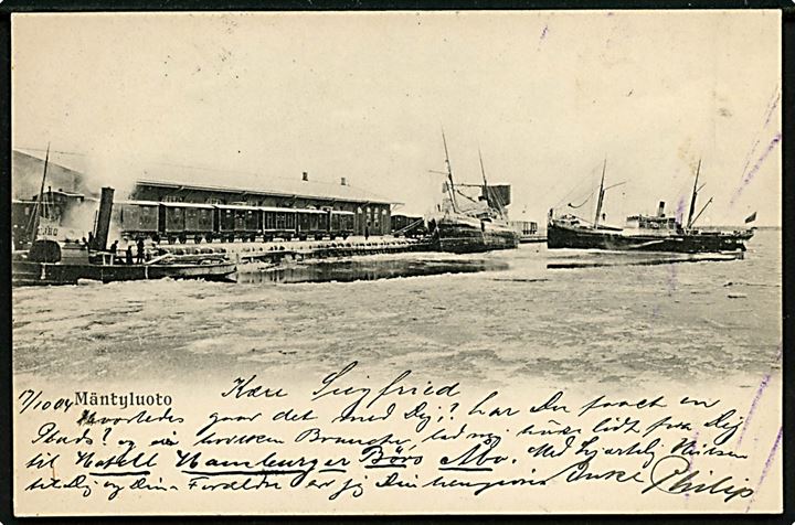 Finland, Mäntyluoto havn med dampskib, slæbebåd og togvogne. Sendt fra Pori/Björneborg 1904 til Danmark.