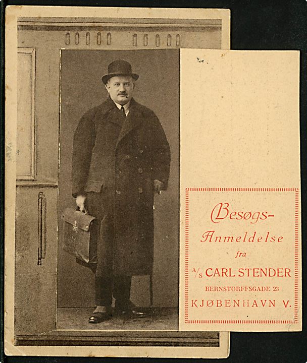 A/S Carl Stender Besøgsanmeldelse - Klapkort med togvogn. Stenders u/no. Frankeret med 7/20 øre Provisorium med perfin C.S. (Carl Stenders Kunstforlag A/S) fra København d. 27.9.1927 til Faaborg.