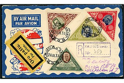 5 c., 15 c., 40 c. og 1 L. 3-kantet Lietuvos vaikas utakket luftpost udg. på anbefalet luftpostbrev fra Kaunas d. 20.9.1933 til Berlin, Tyskland. Udgaven kun gyldig i dagene 16.-22.9.1933