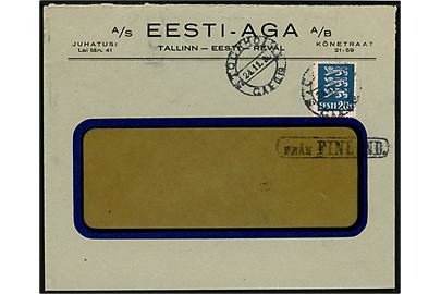 20 s. Løve single på rudekuvert fra A/S Eesti-AGA i Tallinn annulleret med svensk stempel i Stockholm d. 24.11.1930 og sidestemplet Från Finland. På bagsiden AGA reklame.