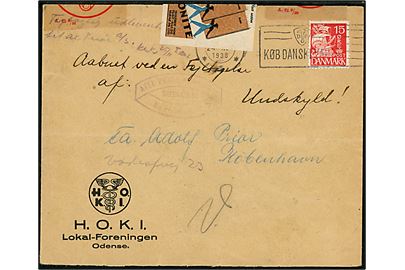 15 øre Karavel på brev fra Odense d. 24.11.1938 til København. Fejlagtigt åbnet og lukket med reklame mærkat og postal pergamyn etiket Lukket af Postvæsenet A.61 3/36.