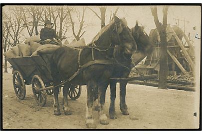 Hestevogn med gods. Med 15 øre Chr. X annulleret med brotype IIIb SØHUS (ved Odense) og med julemærke 1920 til Korinth. Fotokort u/no. 