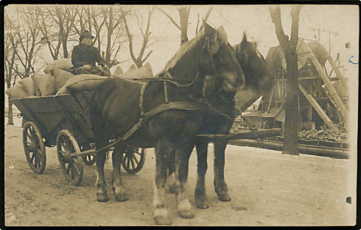 Hestevogn med gods. Med 15 øre Chr. X annulleret med brotype IIIb SØHUS (ved Odense) og med julemærke 1920 til Korinth. Fotokort u/no. 