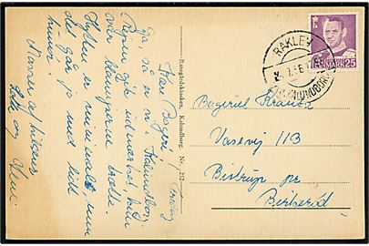 25 øre Fr. IX på brevkort annulleret med pr.-stempel Raklev pr. Kalundborg d. 24.7.1956 til Birkerød. Skjold.