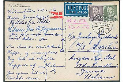 15 øre og 35 øre Fr. IX på luftpost brevkort fra København d. 17.1.1952 til passager ombord på M/S Morelia i Genua, Italien.