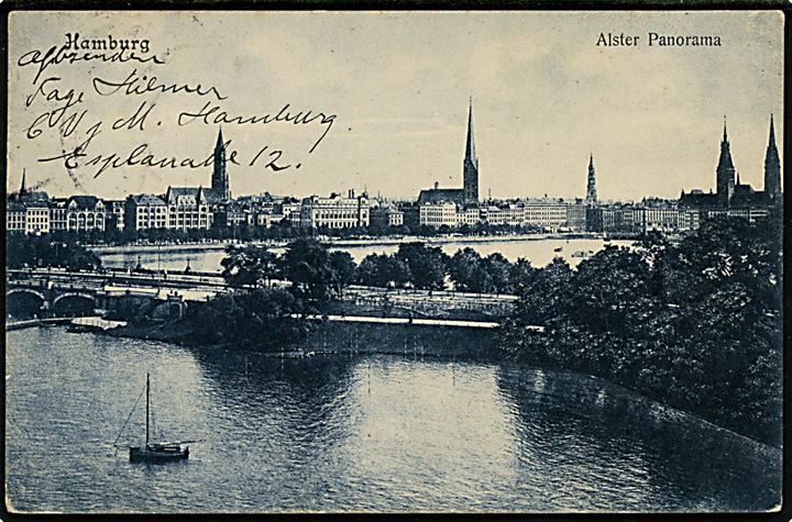 Tysk 5 pfg. Germania i parstykke på brevkort fra Hamburg ca. okt. 1907 til København, Danmark. Privat opfrankeret med 5 øre Fr. VIII og eftersendt fra Kjøbenhavn d. 23.11.1907 til Göteborg, Sverige.