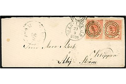 4 sk. Krone/Scepter i parstykke (ene med hj.skade) på brev annulleret med Esrom-type stempel SÆBY og sidestemplet med yderligt placeret kombineret nr.stempel 65/Slagelse J.B. d. 23.9.1868 via N.SJ.JB.P.B. og Helsingborg til Klippan pr. Åby i Skåne, Sverige. 