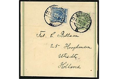 5 øre Fr. VIII helsagskorsbånd opfrankeret med 20 øre Fr. VIII fra Kjøbenhavn d. 27.1.1912 til Utrecht, Holland. Ank.stemplet i Utrecht d. 28.1.1912. Fold og rift