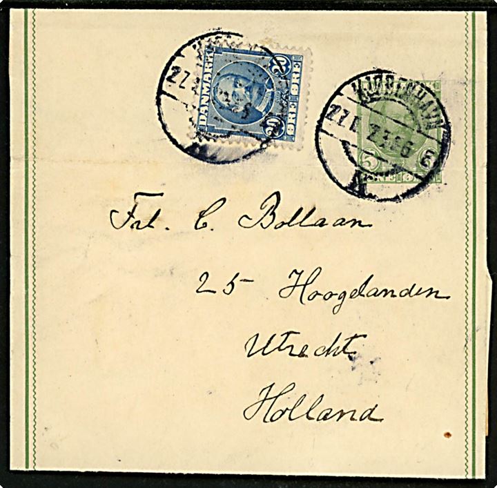 5 øre Fr. VIII helsagskorsbånd opfrankeret med 20 øre Fr. VIII fra Kjøbenhavn d. 27.1.1912 til Utrecht, Holland. Ank.stemplet i Utrecht d. 28.1.1912. Fold og rift