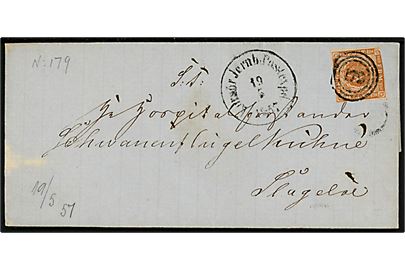 4 sk. 1854 udg. på brev annulleret med nr.stempel 179 og sidestemplet antiqua Korsör Jernb. Postexped. d. 19.5.1857 til Slagelse.