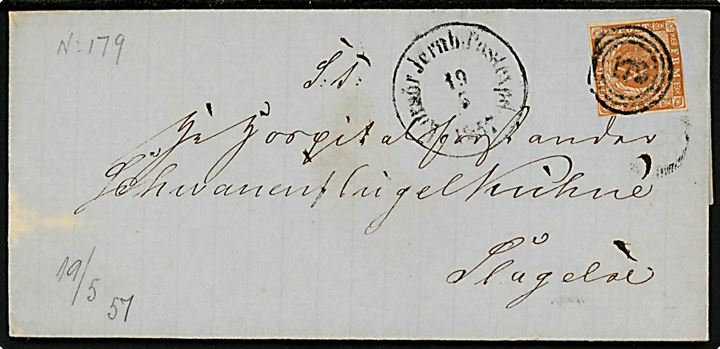 4 sk. 1854 udg. på brev annulleret med nr.stempel 179 og sidestemplet antiqua Korsör Jernb. Postexped. d. 19.5.1857 til Slagelse.