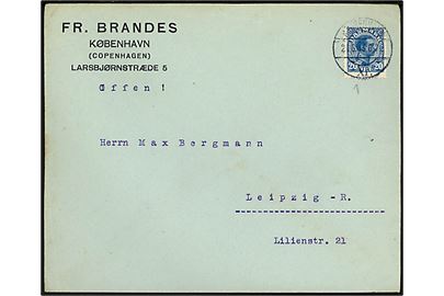 20 øre Chr. X på brev fra Kjøbenhavn d. 21.6.1915 til Leipzig, Tyskland. Uden tegn på censur.