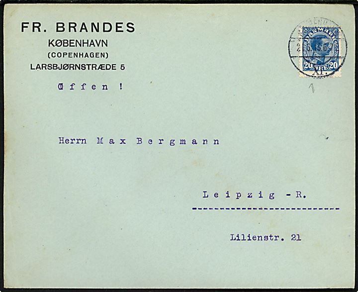 20 øre Chr. X på brev fra Kjøbenhavn d. 21.6.1915 til Leipzig, Tyskland. Uden tegn på censur.