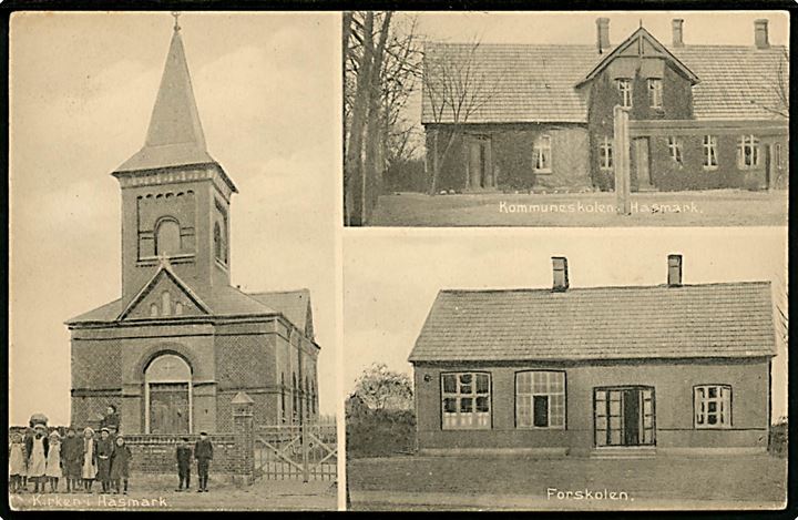 Hasmark ved Otterup. Kirke, Kommune Skole og For Skole. H. Schmidt no. 28348.