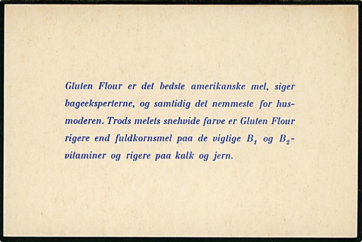 Munke Mølle Gluten Flour. Reklamekort for amerikansk mel. Uden adresselinier.