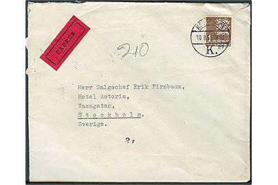 1 kr. Rigsvåben single på ekspresbrev fra København d. 10.9.1951 til Stockholm, Sverige.