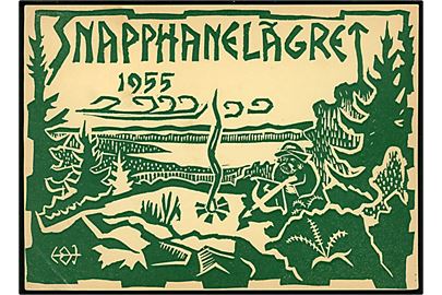 Snapphanelägret 1955. Spejder kort frankeret med 20 öre og annulleret med spejder særstempel Snapphanelägret Sveriges Scoutförbund d. 27.7.1955 til Hälsingborg. Hj.knæk.