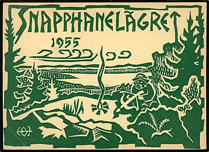 Snapphanelägret 1955. Spejder kort frankeret med 20 öre og annulleret med spejder særstempel Snapphanelägret Sveriges Scoutförbund d. 27.7.1955 til Hälsingborg. Hj.knæk.