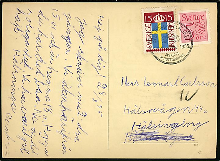 Snapphanelägret 1955. Spejder kort frankeret med 20 öre og annulleret med spejder særstempel Snapphanelägret Sveriges Scoutförbund d. 27.7.1955 til Hälsingborg. Hj.knæk.