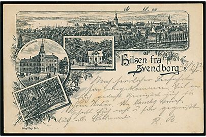 Svendborg, Hilsen fra med prospekter af Høje-Bøge, Karoline Amalielund og Hotel Svendborg. Georg Elleys Forlag. Se DFT nr. 5/2011 vedr. Stenders kort til eget forlag. Tidligt kort anvendt fra Svendborg d. 29.7.1892 til Gravenstein i Nordslesvig. 