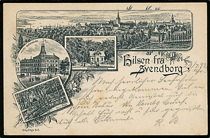 Svendborg, Hilsen fra med prospekter af Høje-Bøge, Karoline Amalielund og Hotel Svendborg. Georg Elleys Forlag. Se DFT nr. 5/2011 vedr. Stenders kort til eget forlag. Tidligt kort anvendt fra Svendborg d. 29.7.1892 til Gravenstein i Nordslesvig. 