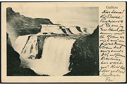 Island, Gullfoss. Finsen & Johnson no. 5965. Frankeret med 4 aur To Konger i parstykke fra Reykjavik 1907 via Kjøbenhavn til Espergærde. 