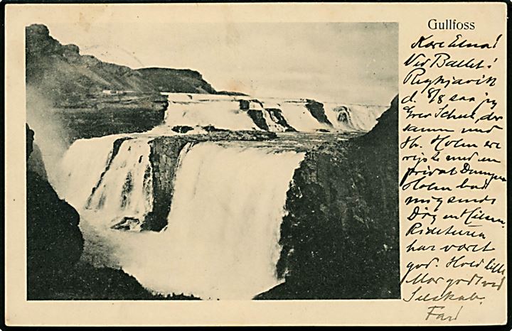 Island, Gullfoss. Finsen & Johnson no. 5965. Frankeret med 4 aur To Konger i parstykke fra Reykjavik 1907 via Kjøbenhavn til Espergærde. 