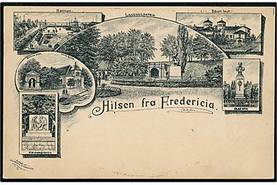 Fredericia, Hilsen fra, med prospekter. A. S. Jessen u/no. Tidligt kort fra 1890'erne.