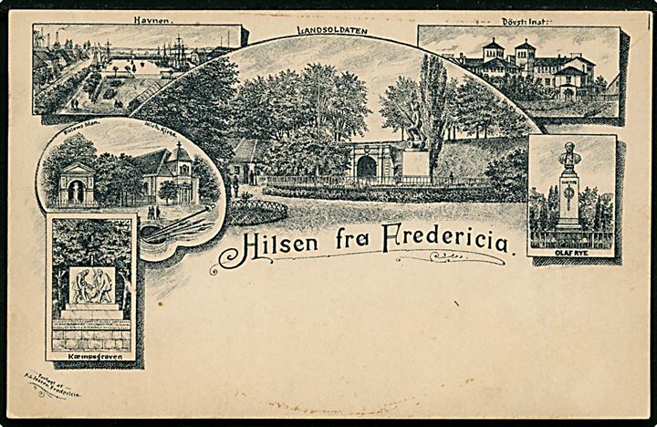 Fredericia, Hilsen fra, med prospekter. A. S. Jessen u/no. Tidligt kort fra 1890'erne.