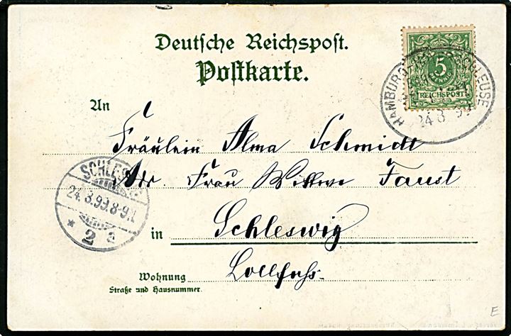 Slesvig, Gruss aus Husum med prospekter. Frankeret med 5 pfg. Ciffer annulleret med ovalt bureaustempel Hamburg - Hoyerschleuse 1899.