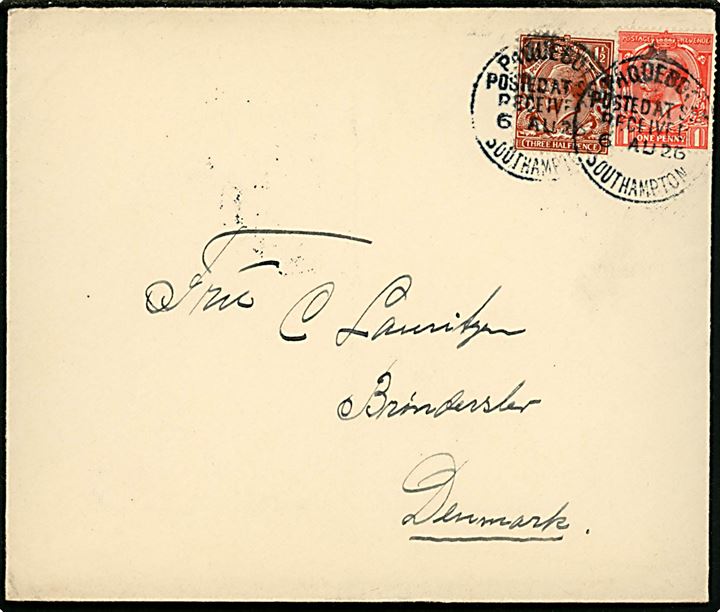 1d og 1½d George V på fortrykt kuvert fra Canadian Pacific annulleret med skibsstempel Paquebot Posted at Sea Received Southampton d. 6.8.1926 til Brønderslev, Danmark.