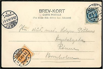 4 øre Bølgelinie vm. III omv. rm. og 1 øre Våben på brevkort (Havnefyr i Korsør) annulleret Korsør d. 27.8.1904 til Rønne på Bornholm. Ank.stemplet i Rønne d. 29.8.1904. AFA 23Cy på forsendelse: 2200,-