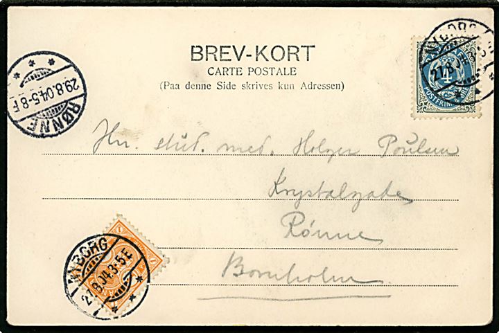 4 øre Bølgelinie vm. III omv. rm. og 1 øre Våben på brevkort (Havnefyr i Korsør) annulleret Korsør d. 27.8.1904 til Rønne på Bornholm. Ank.stemplet i Rønne d. 29.8.1904. AFA 23Cy på forsendelse: 2200,-