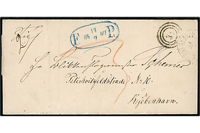 1869. Ufrankeret lokalt portobrev med kombineret lapidar nr.stempel 34/Kjøbenhavns JP. d. 14.9.1869 og ovalt Fodpost stempel F:P: d. 17.9.1869. Påskrevet 3 skilling porto.