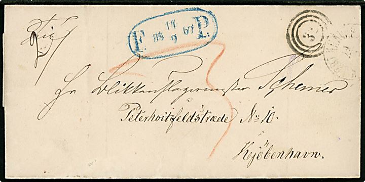 1869. Ufrankeret lokalt portobrev med kombineret lapidar nr.stempel 34/Kjøbenhavns JP. d. 14.9.1869 og ovalt Fodpost stempel F:P: d. 17.9.1869. Påskrevet 3 skilling porto.