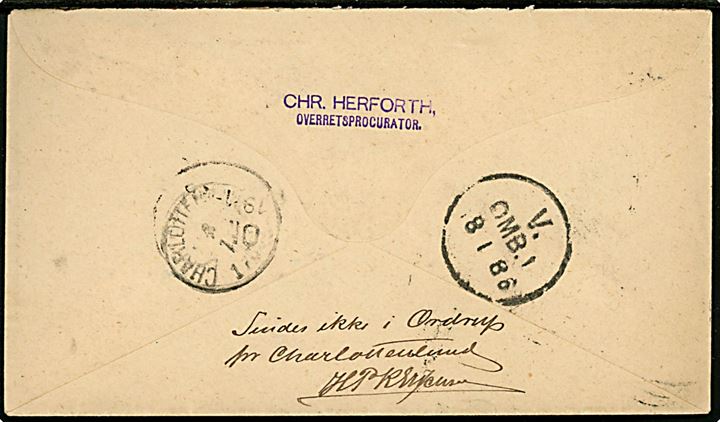 8 øre helsagskuvert med lapidar Kjøbenhavn KB d. 17.1.1884 til Ordrup Mark pr. Charlottenlund. Returneret med lapidar Charlottenlund d. 18.1.1884 og påkrift Findes ikke i Ordrup pr. Charlottenlund.