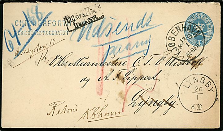 4 øre helsagskuvert sendt underfrankeret fra Kjøbenhavn KB d. 19.1.1884 til Lyngby. Rammestempel Utilstrækkelig frankeret og udtakseret i 12 øre porto (?). Returneret med lapidar Lyngby d. 20.1.1884 og påskrift Bortreist fra Lyngby til Kbhavn.