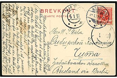 10 øre Chr. IX på brevkort fra Aalborg d. 1.1.1907 (gregoriansk kalender) til dansker ved Sibirisk Kompagni i Tjita, Sibirien påskrevet Rusland via Berlin. Ank.stemplet d. 5.1.1907 (juliansk kalender).