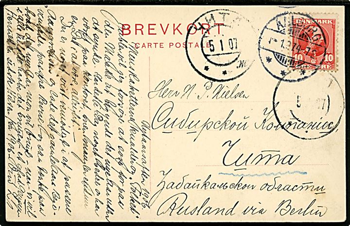 10 øre Chr. IX på brevkort fra Aalborg d. 1.1.1907 (gregoriansk kalender) til dansker ved Sibirisk Kompagni i Tjita, Sibirien påskrevet Rusland via Berlin. Ank.stemplet d. 5.1.1907 (juliansk kalender).