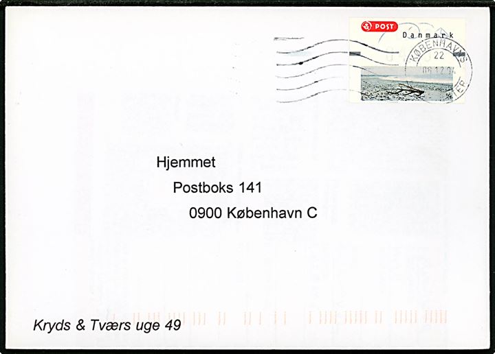 4,50 kr. Frankeringsetiket single på brev stemplet Københavns Postcenter d. 6.12.1994 til København.