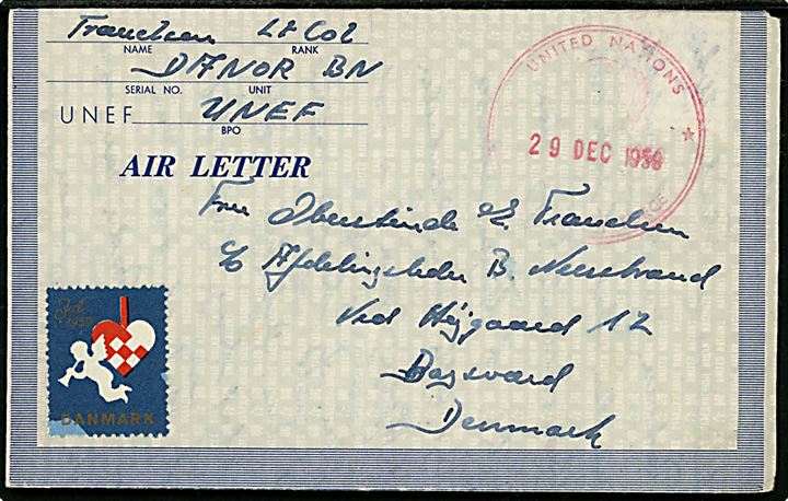 UNEF Air Letter med julemærke 1959 dateret i Gaza d. 23.12.1959 og stemplet United Nations Emergency Force d. 29.12.1959 til Bagsværd, Danmark. Sendt fra dansk Oberstløjtnant ved DANOR Bn, UNEF. 