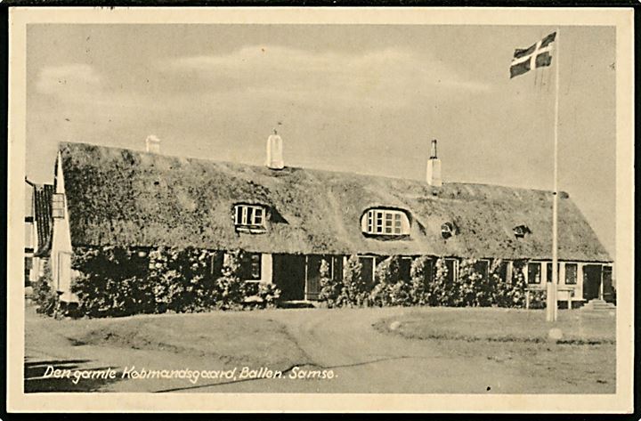 20 øre Fr. IX på brevkort (Den gamle Købmandsgaard, Ballen, Samsø) dateret Samsø Bad og annulleret Aarhus d. 23.7.1952 og sidestemplet Fra Kalundborgruten til Vinderslev pr. Kjellerup. 