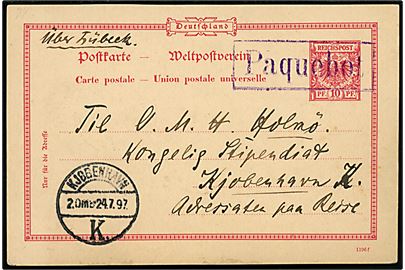 10 pfg. helsagsbrevkort dateret i Wilhelminenhof d. 22.8.1897 med violet skibsstempel Paquebot og sidestemplet Kjøbenhavn K. d. 24.7.1897 til Kjøbenhavn, Danmark.