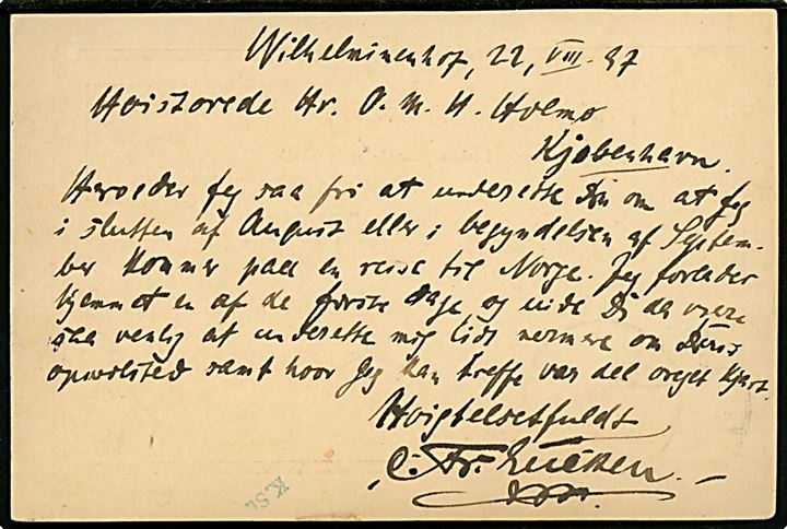 10 pfg. helsagsbrevkort dateret i Wilhelminenhof d. 22.8.1897 med violet skibsstempel Paquebot og sidestemplet Kjøbenhavn K. d. 24.7.1897 til Kjøbenhavn, Danmark.