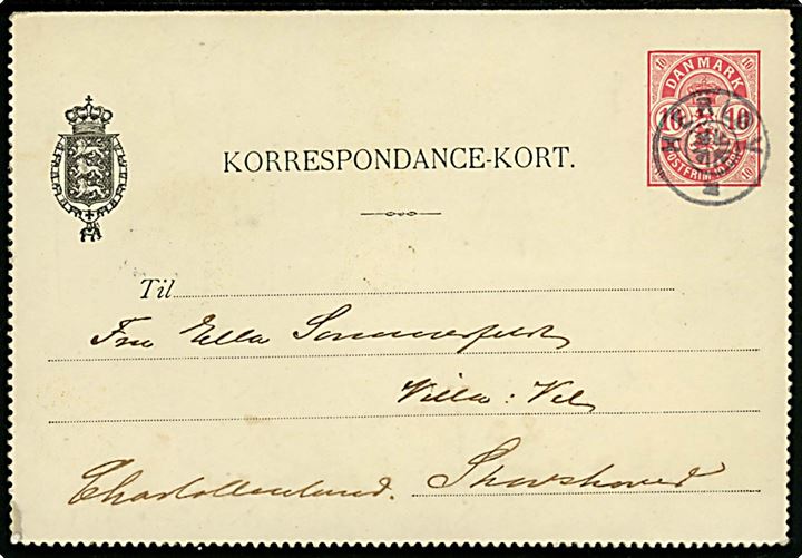 10 øre Våben helsags korrespondancekort dateret Mørkhøj d. 25.9.1903 annulleret med stjernestempel HERLØV til Skovshoved pr. Charlottenlund. Ank.stemplet i Charlottenlund d. 25.9.1903.