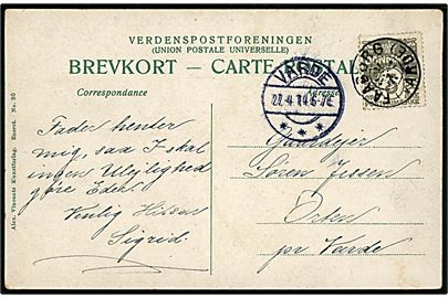 3 øre Bølgelinie på lokalt brevkort annulleret med stjernestempel FAABORG (VARDE) og sidestemplet Varde d. 27.4.1914 til Orten pr. Varde.