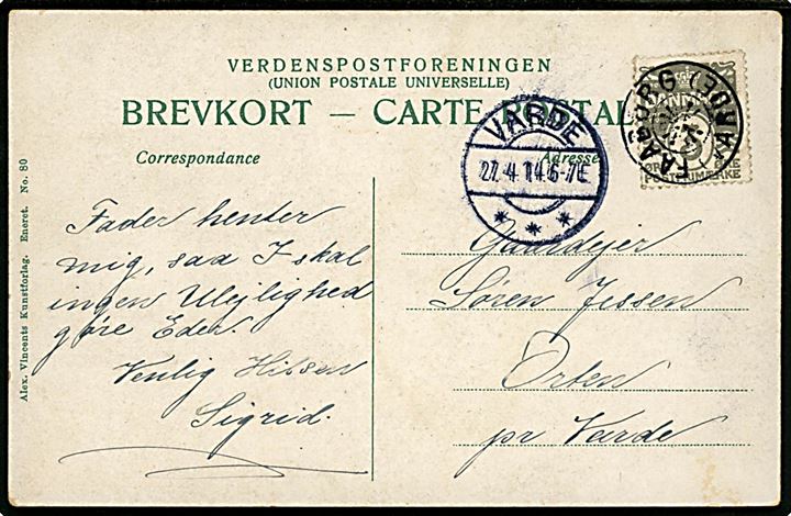 3 øre Bølgelinie på lokalt brevkort annulleret med stjernestempel FAABORG (VARDE) og sidestemplet Varde d. 27.4.1914 til Orten pr. Varde.