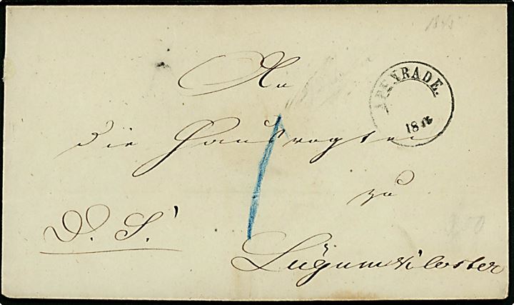 1845. Ufrankeret tjenestebrev mærket D.S. med antiqua 1½ ringsstempel Apenrade. uden dato fra 1845 til Lügumkloster. Påskrevet 1 skilling med blåkridt.